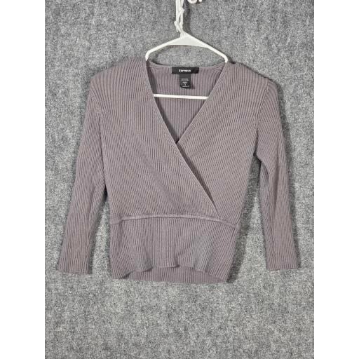 Express Women Gray Ribbed V Neck Long Sleeve Wrap Sweater Top Size S Boho Chic